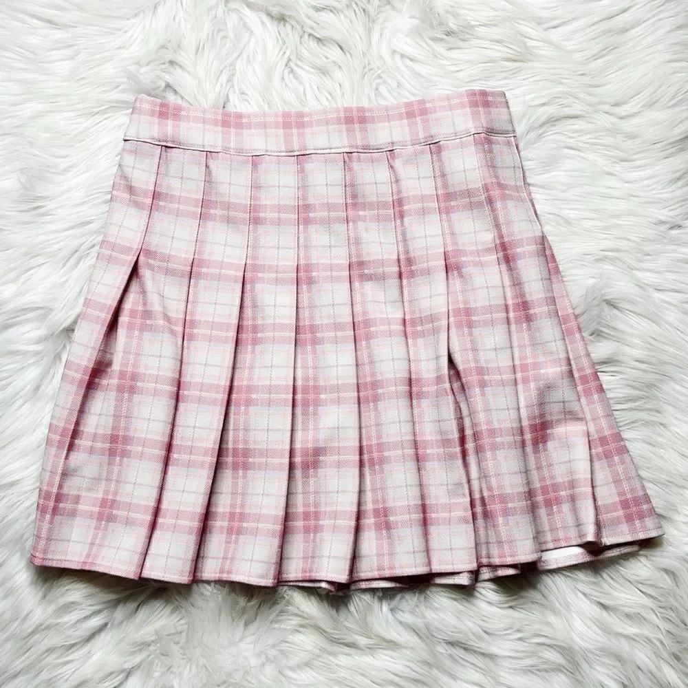 Stretchy Plaid Pleated School Girl Skirt Pink Size medium